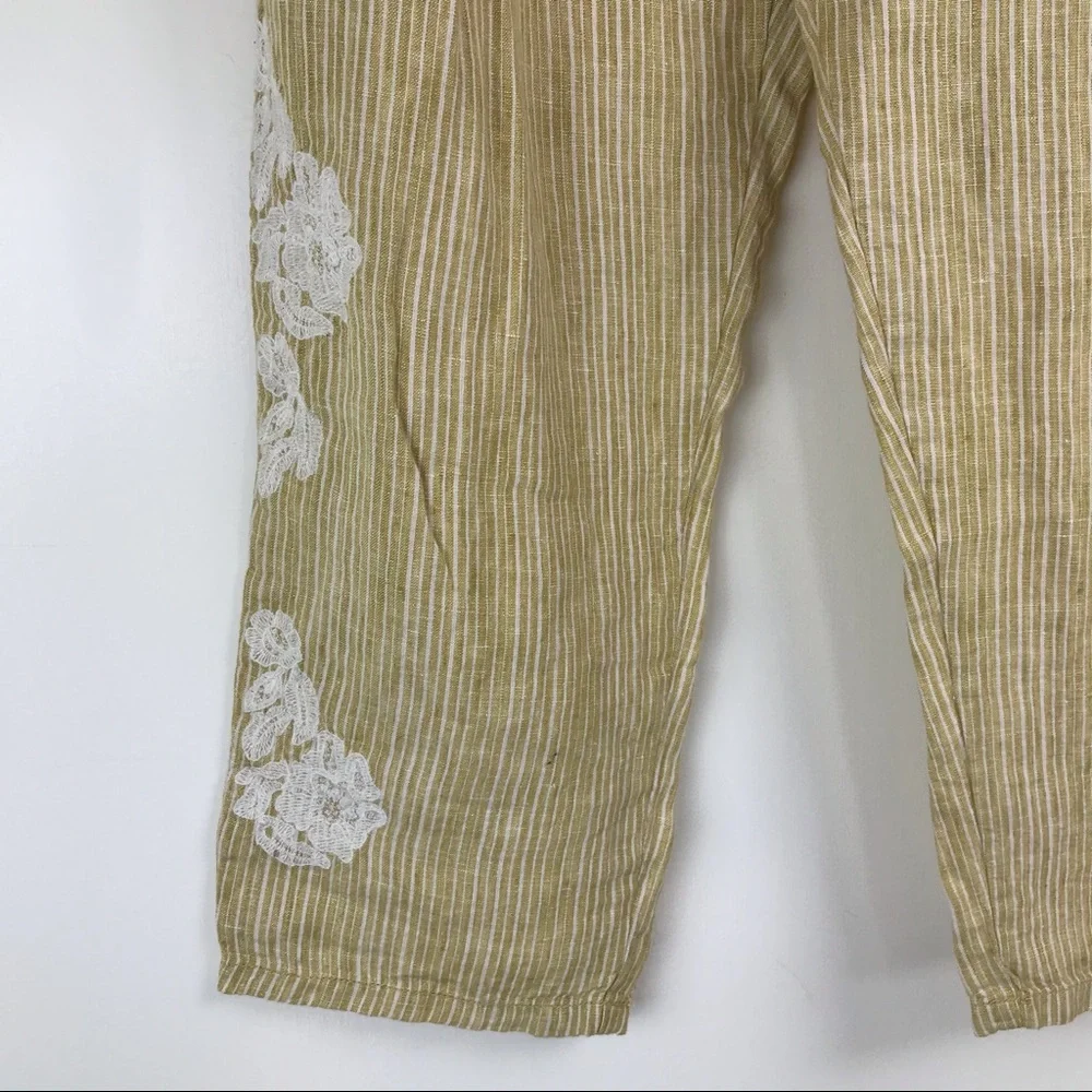 Anthropologie Linen Embroidered Stripe Ankle Pants - Picture 3 of 8